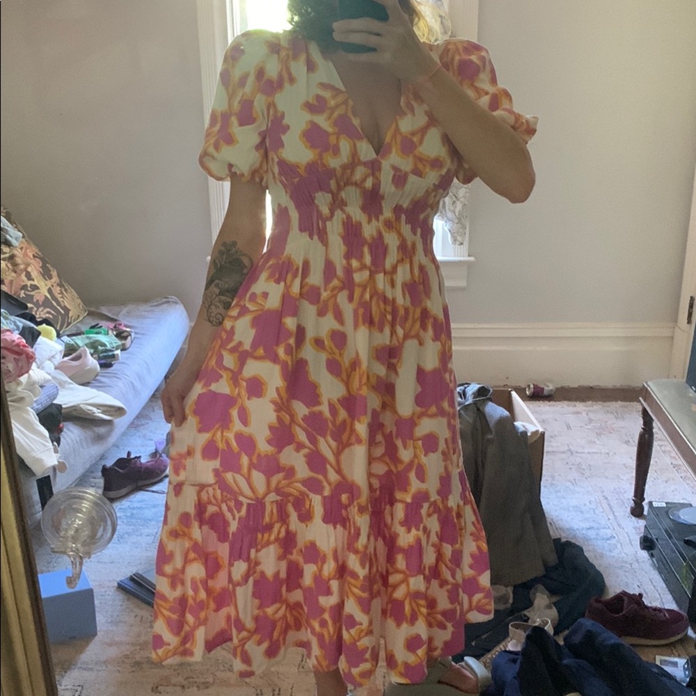ME+EM Pink and Orange Smocked Puff Sleeve Sundress - Picture 3 of 4
